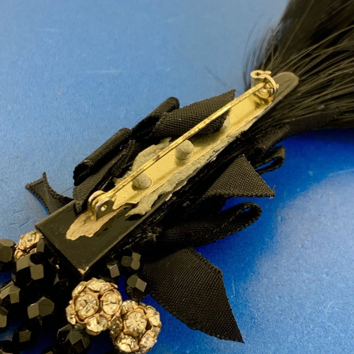 Vintage Runway Couture Black Feather Ribbon Rhinestone Jet Bead Flashy Brooch