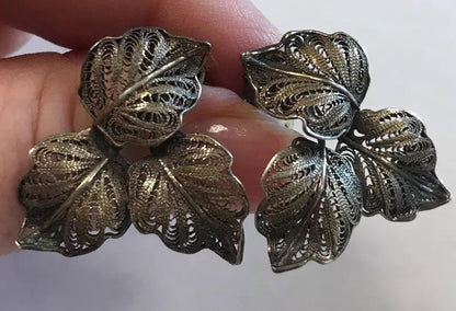 Vintage Art Deco 900 Stamped Silver Filigree Leaf Design Clip On Earrings