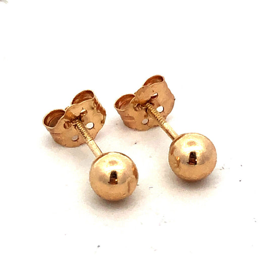 14K Yellow Gold Designer Small Round Ball Everyday Screw Back Stud Earrings