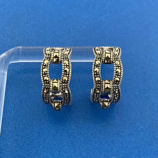 Designer Sterling Silver 925 Marcasite Open Friction Back Hoop Stud Earrings