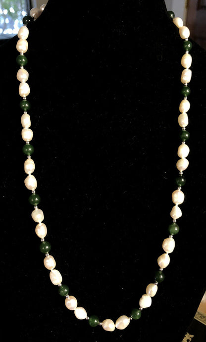 Designer 925 Sterling Silver Pearl Jade Beaded Statement Necklace
