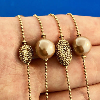 Retro Gold Tone Beaded Egg Oval Faux Bronze Pearl Station Beaded Chain Necklace