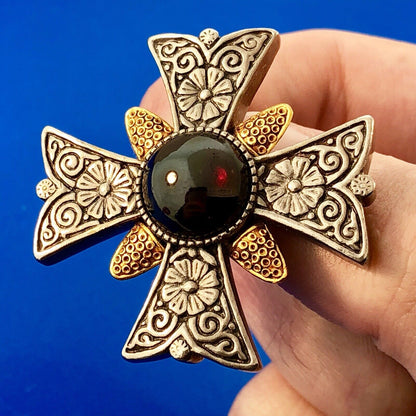 HMR CMA Gold Silver Tone Black Hematite Floral Scroll Maltese Cross Pin Pendant