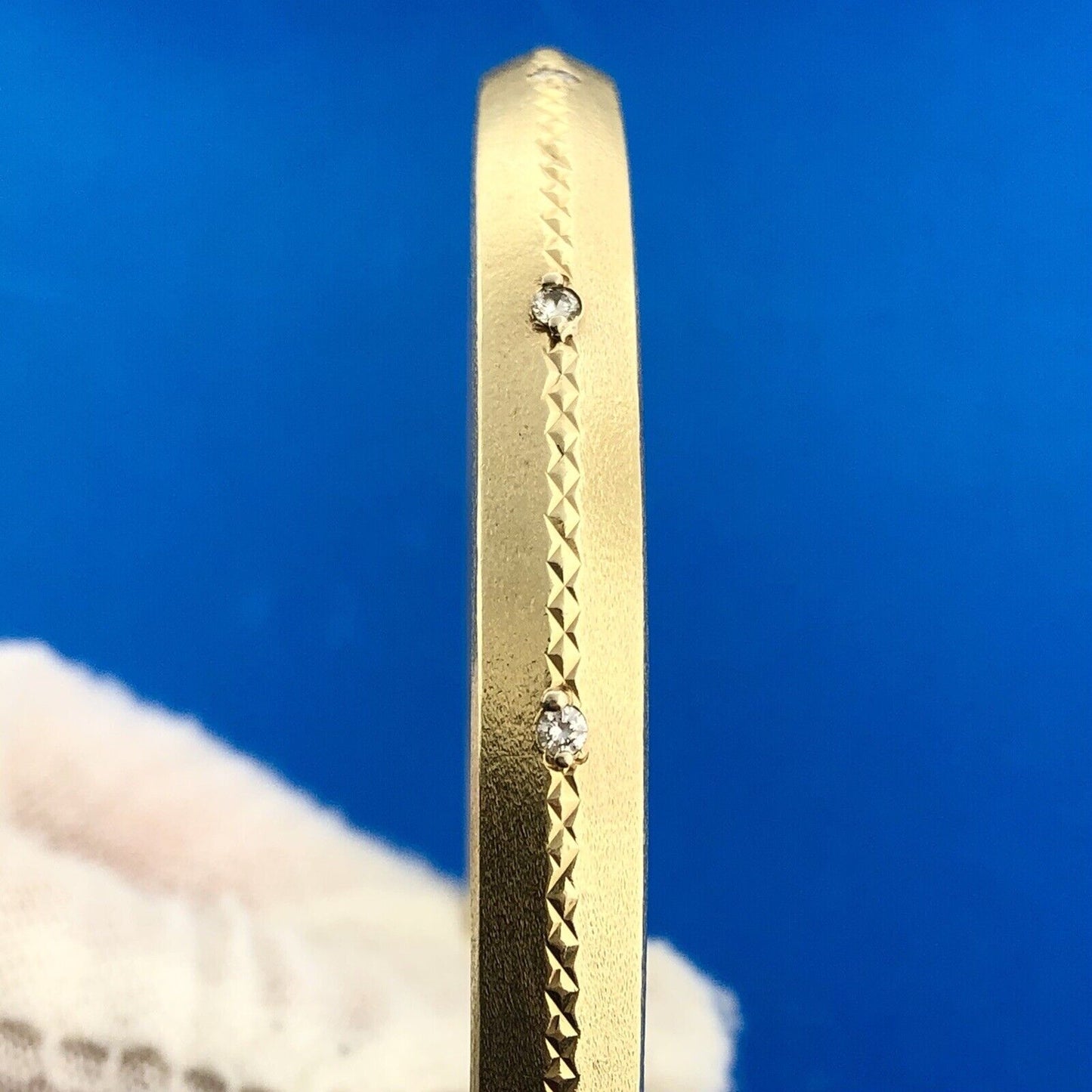 Estate 14K Yellow Gold Diamond Station Weave Etched Bangle Bracelet