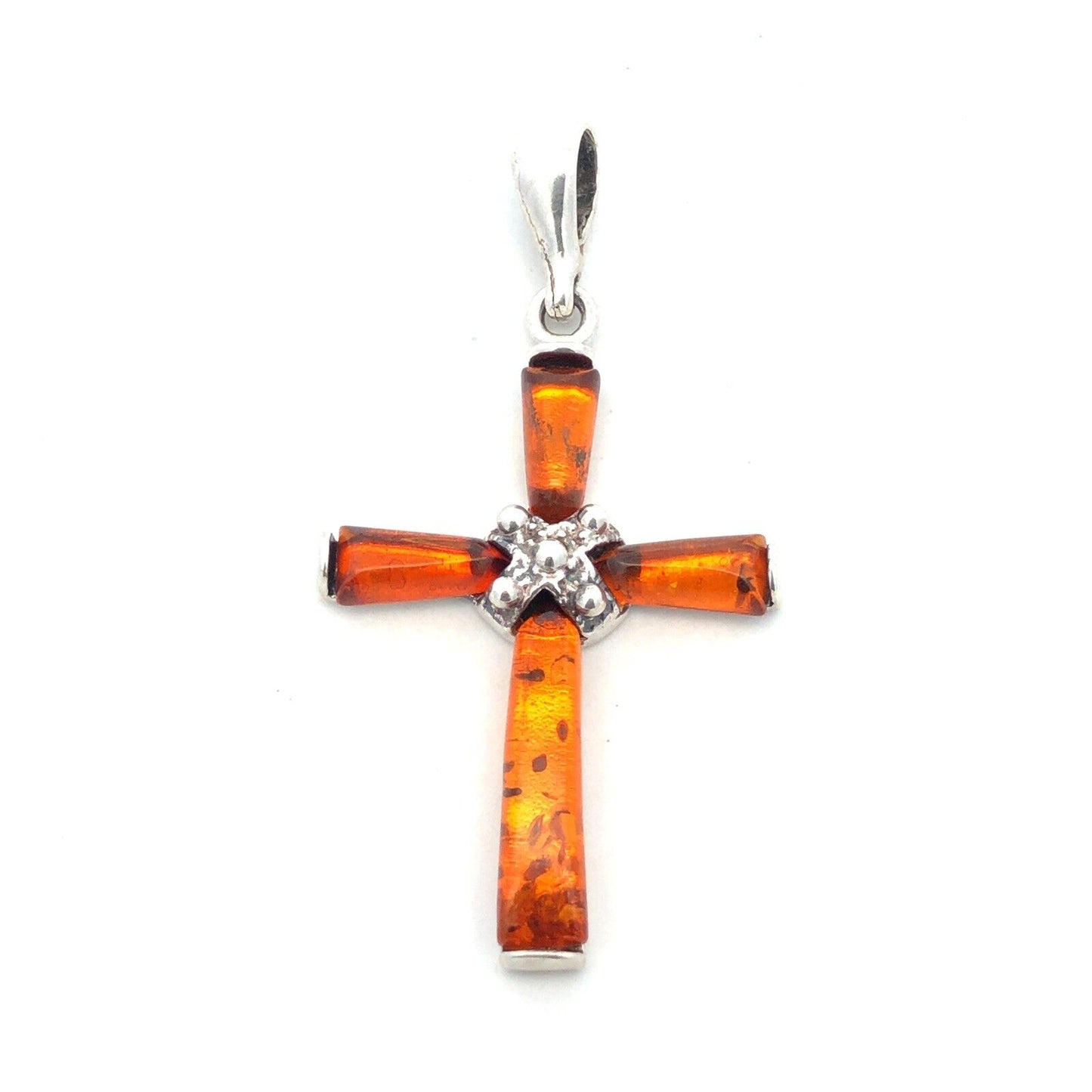 Vintage 925 Sterling Silver Orange Amber Cross Pendant