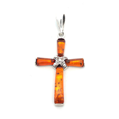 Vintage 925 Sterling Silver Orange Amber Cross Pendant