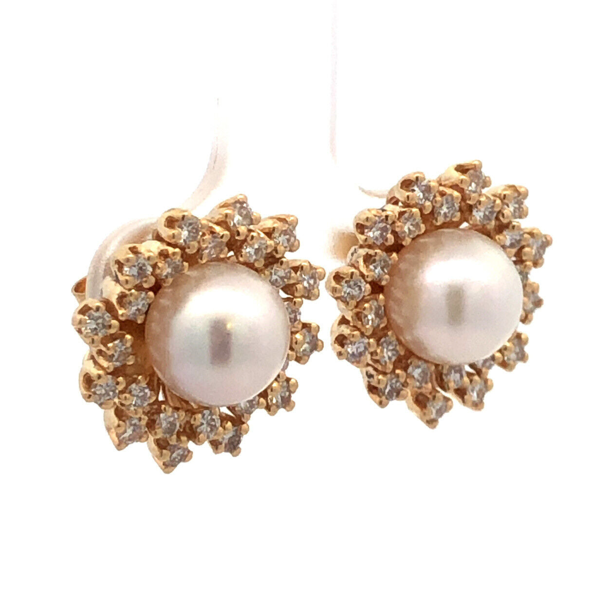 Designer 14K Yellow Gold Round Pearl Stud With Diamond Halo Earring Jackets