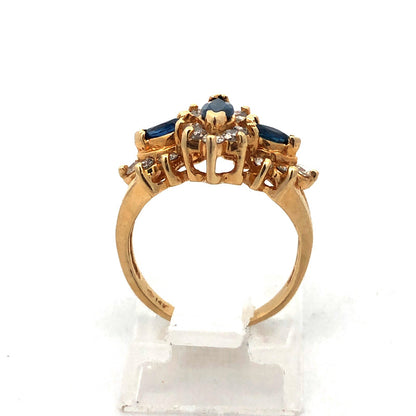 14K Yellow Gold Sapphire Diamond Halo Cluster Anniversary Bridal Cocktail Ring