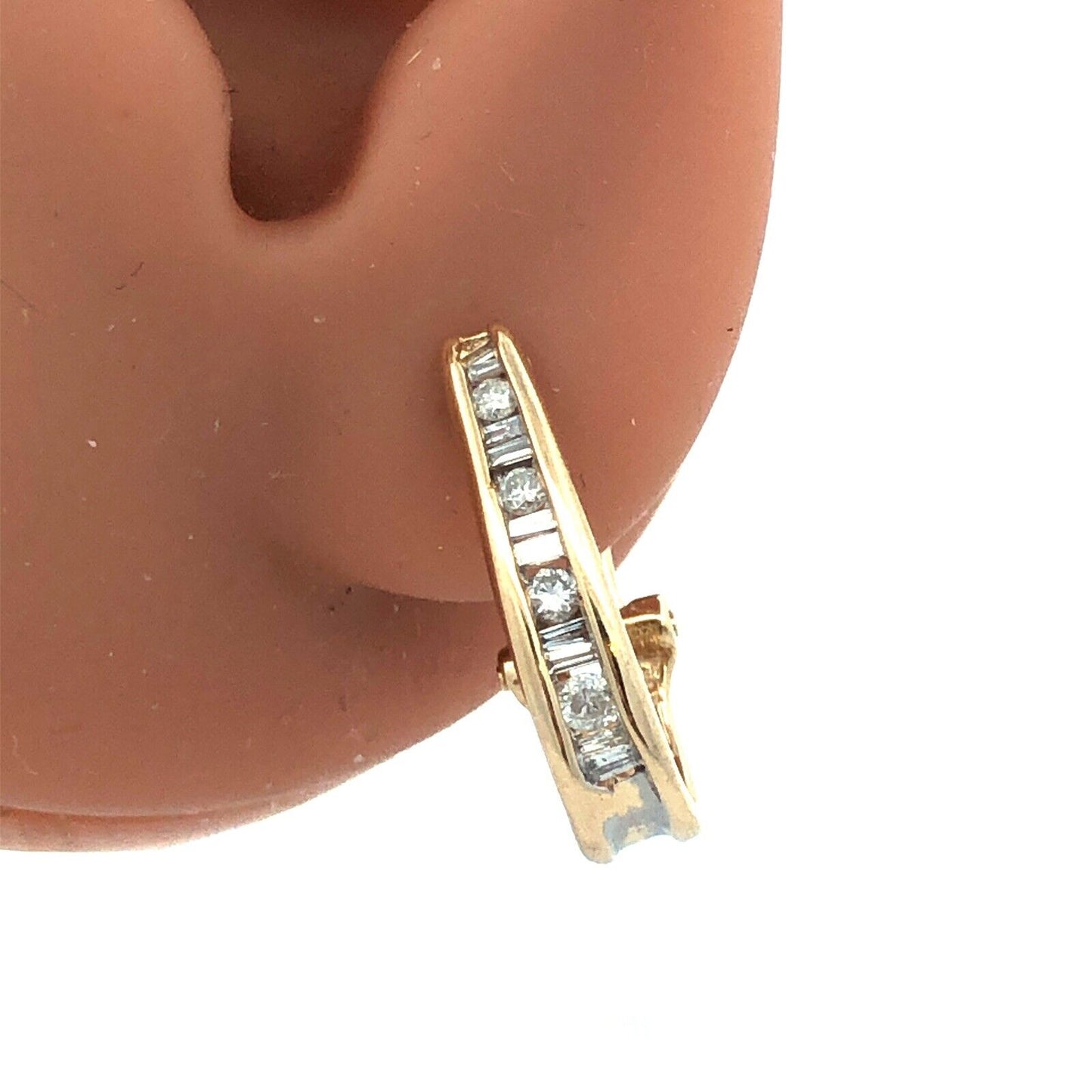 Designer 14K Yellow Gold Channel-Set Round Baguette Diamond Hoop Earrings