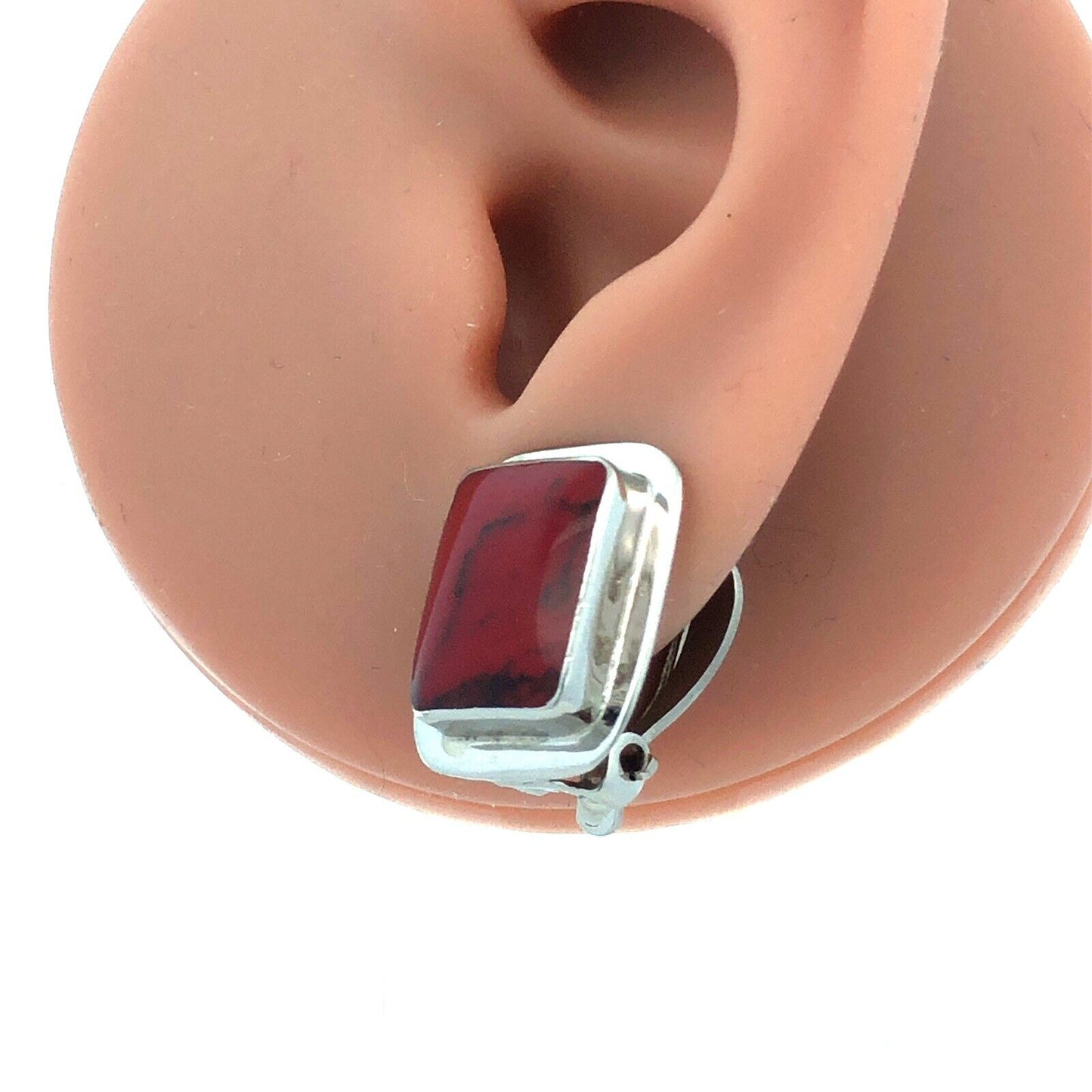 Designer Mexico Sterling Silver Brecciated Red Jasper Rectangle Clip Earrings