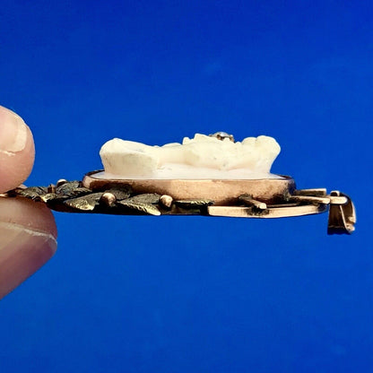 Victorian 10K Rose/Yellow Gold Pink Cameo Pearl Diamond Lavaliere Brooch Pendant