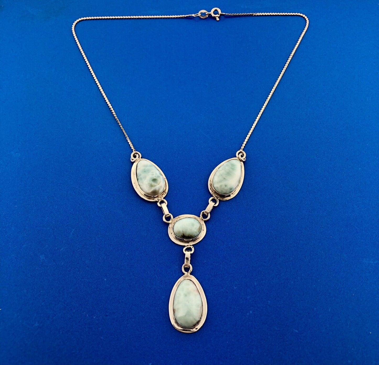 Stunning Sterling Silver 925 Cabochon Larimar Triangular S Link 15" Necklace