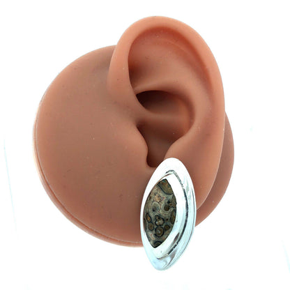 Vintage Mexico 925 Sterling Silver Oval Leopard Skin Jasper Stud Earrings