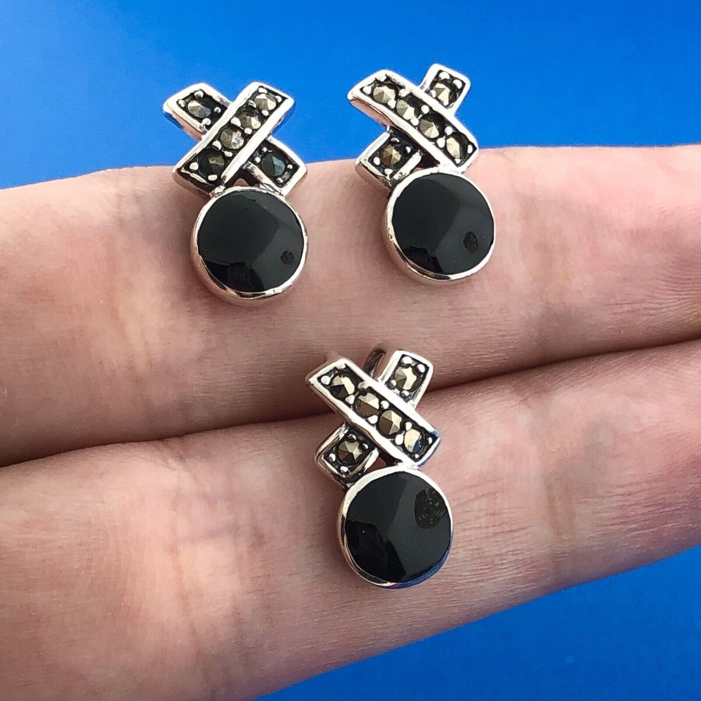 Estate Sterling Silver 925 Black Onyx Marcasite X O Earrings Pendant Set