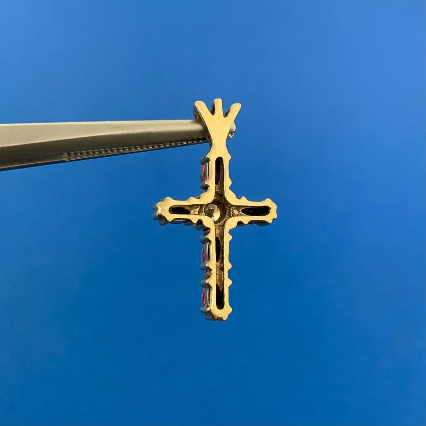 14K Yellow Gold Ruby Diamond Cross July Communion Easter Pendant