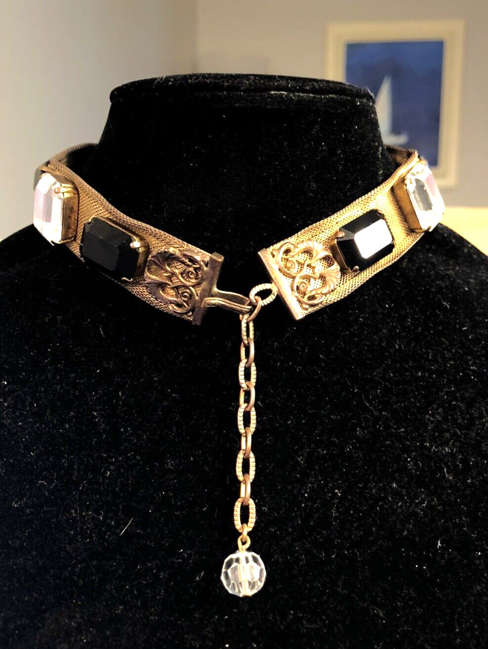 Victorian Gold Tone Mesh Faceted Black White Glass Statement Choker Necklace