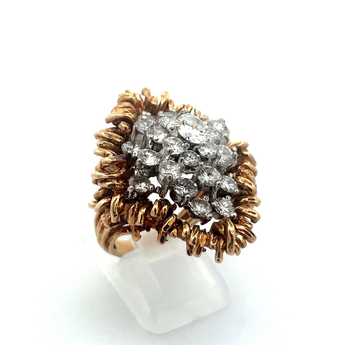 Vintage 14K Yellow Gold Diamond Waterfall Cluster Statement Cocktail Ring