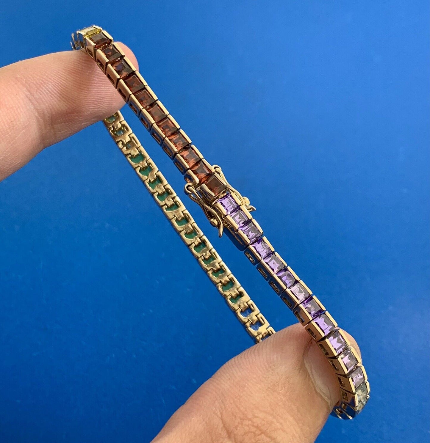 Designer Sterling Silver Rainbow Colored Square Cubic Zirconia Tennis Bracelet