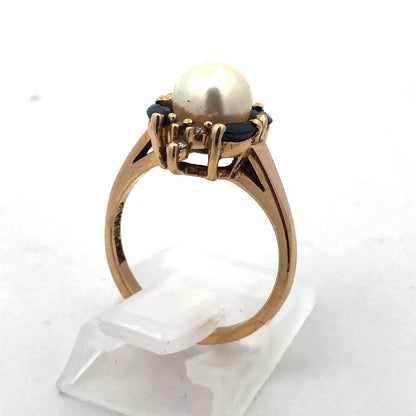 Designer 14K Yellow Gold Pearl Solitaire Sapphire Diamond Accented Cocktail Ring
