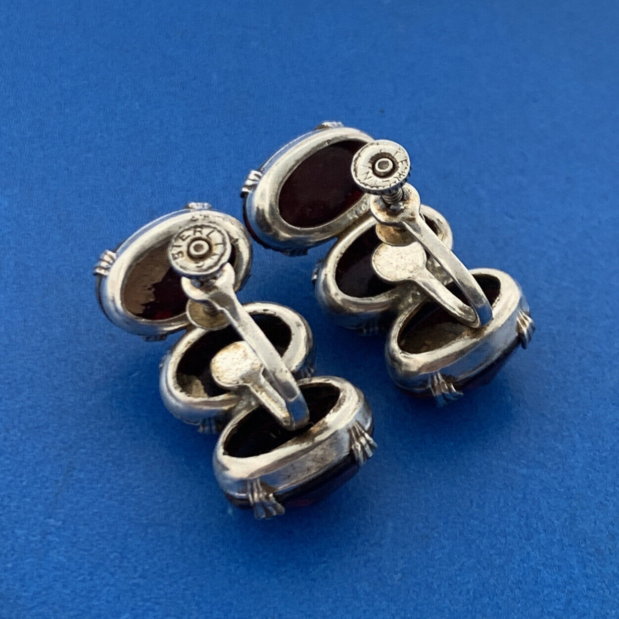 Mid Century 925 Sterling Silver Red Glass Statement Screw Back Stud Earrings