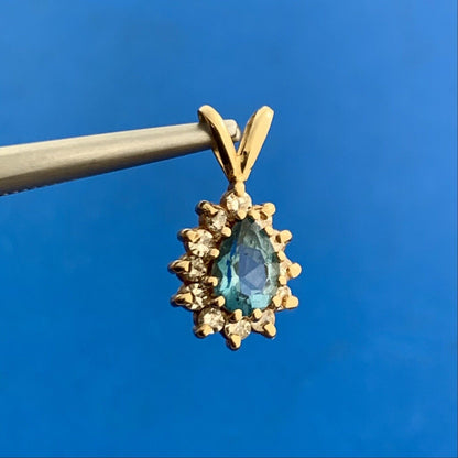 Estate 14k Yellow Gold Pear Blue Topaz Diamond Halo Pendant
