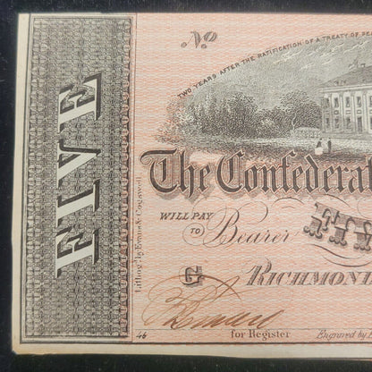 1864 $5 Richmond, VA Confederate States of America Rare Obsolete Bank Note