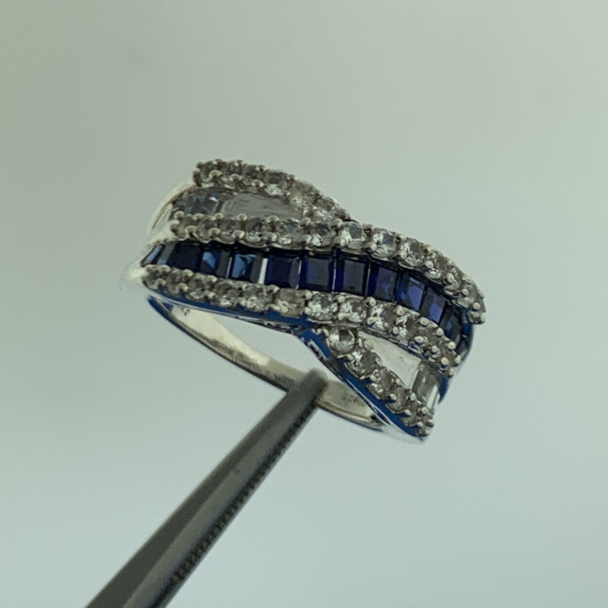 Designer JWBR Sterling Silver 925 Blue & White Sapphire Crossover Band Ring