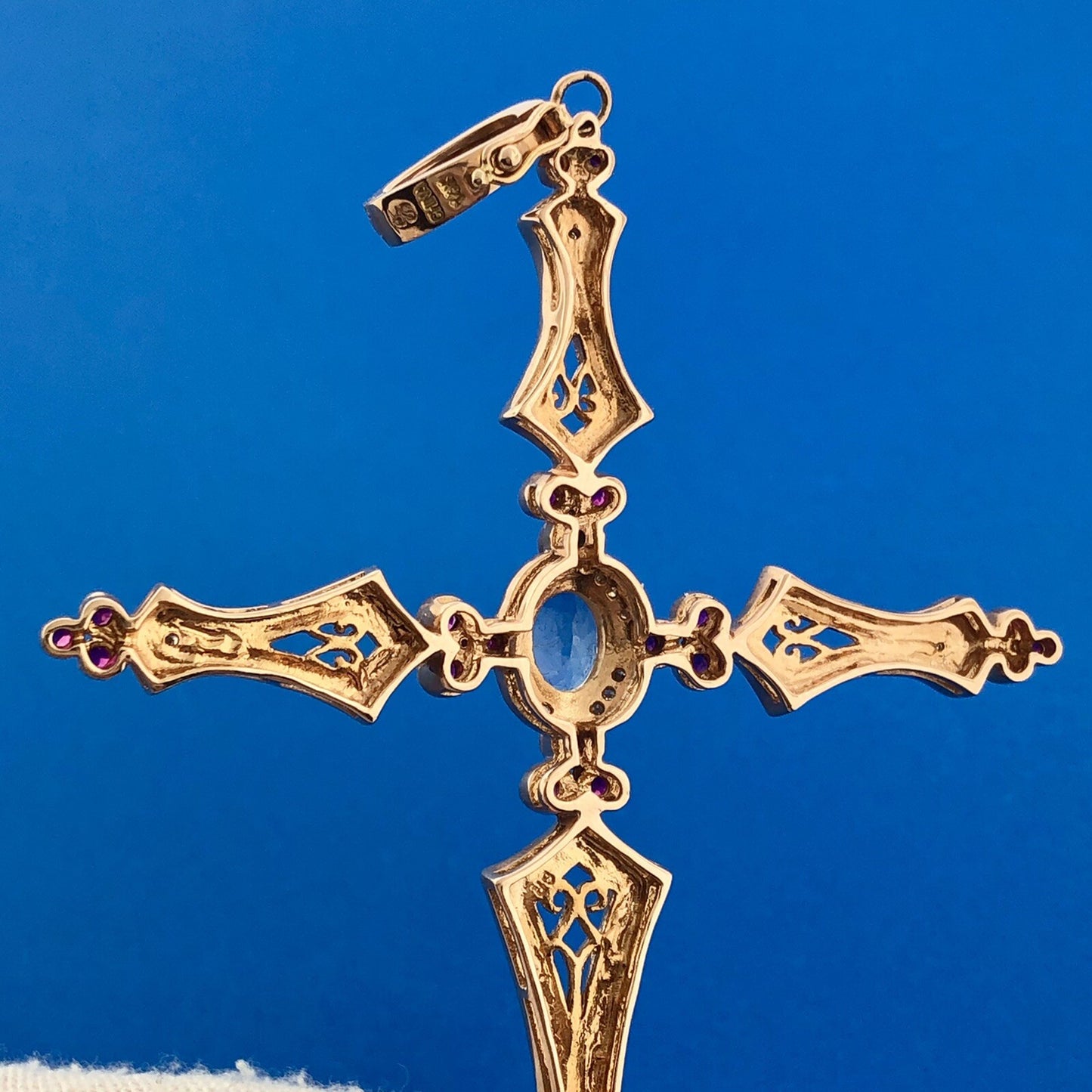 SR 14k Rose Gold Blue Tourmaline Ruby Diamond Faith Cross Pendant Enhancer
