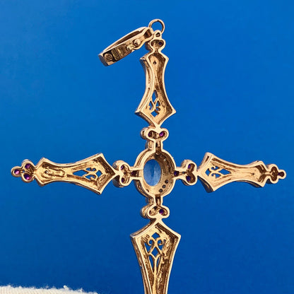 SR 14k Rose Gold Blue Tourmaline Ruby Diamond Faith Cross Pendant Enhancer