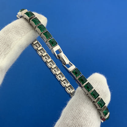 Lovely 1940's Dorsons 925 Sterling Silver Green Glass Rhinestone Tennis Bracelet