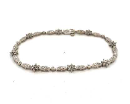 Designer 14K White Gold Round Diamond Flower Floral Textured Tennis Bracelet