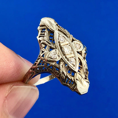 Art Nouveau Art Deco 18K White Gold Diamond Filigree Statement Finger Ring
