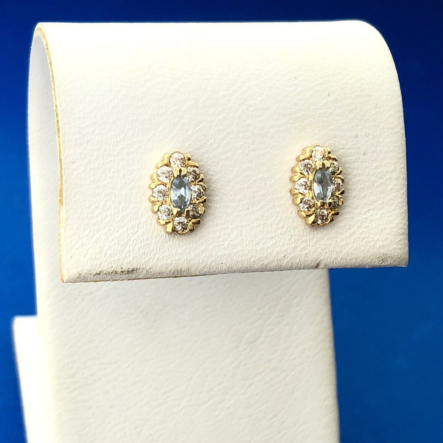 18K Yellow Gold Blue Tourmaline Cubic Zirconia CZ Halo Petite Stud Earrings