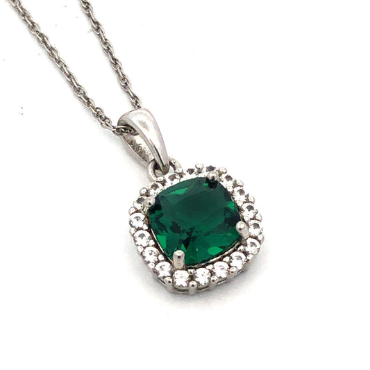 925 Sterling Silver Designer SUN Lab Emerald White Sapphire Halo Necklace