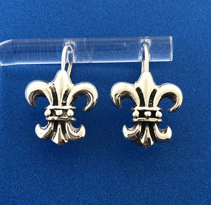 Vintage 925 Sterling Silver Fleur De Lis French Cross Slide Hook Drop Earrings