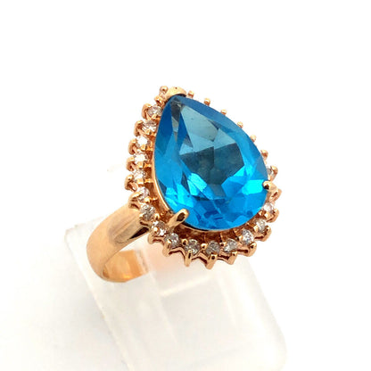 10K Yellow Gold Pear Blue Topaz Diamond Halo Statement Cocktail Ring