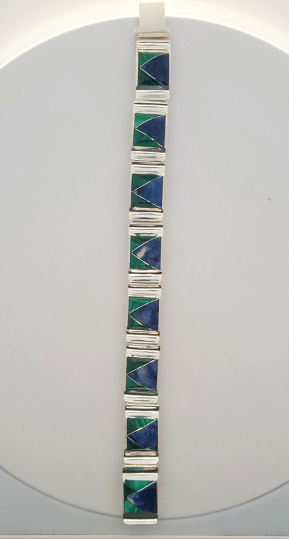 Oscar Figueroa Escorcia Taxco Silver 950 Lapis Malachite Panel Bracelet