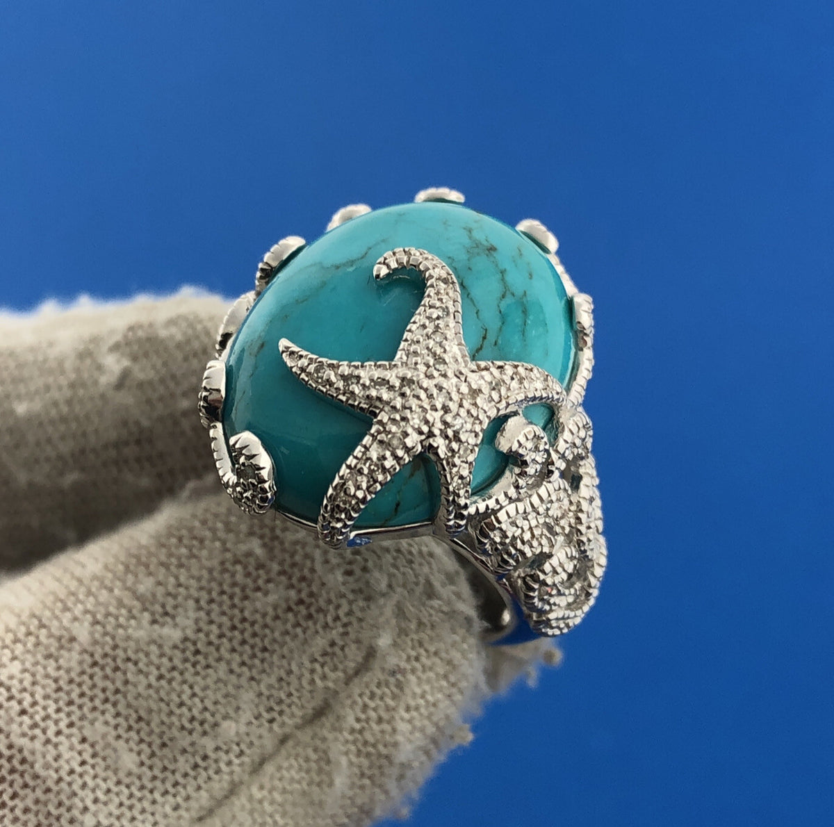 Designer EA Sterling Silver Turquoise Diamond Starfish Statement Cocktail Ring