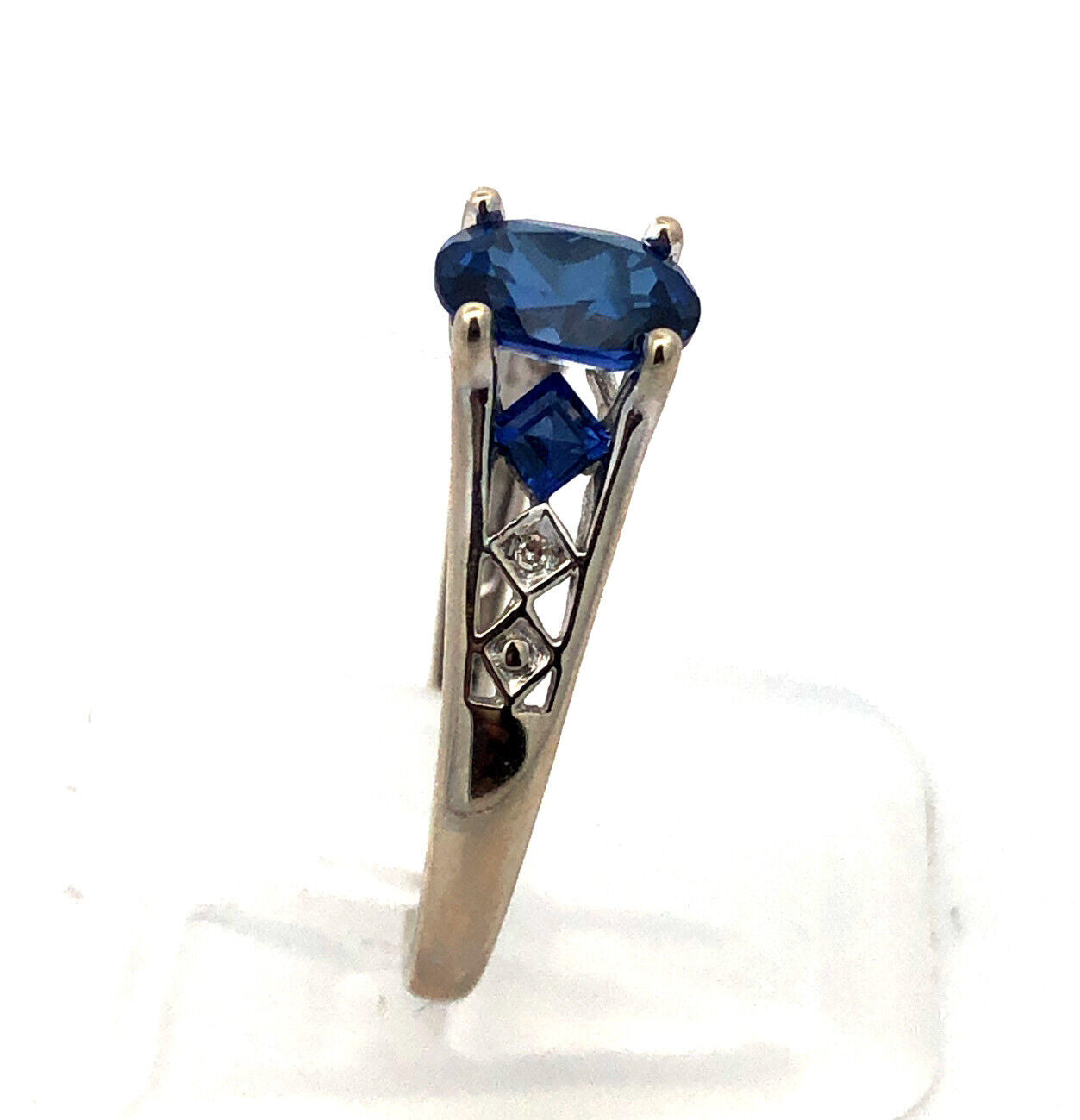 Designer 10K White Gold Oval Blue Sapphire Round Diamond Accented Ring