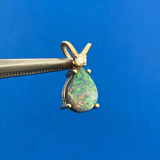 14K Yellow Gold Pear Opal Diamond Accented Drop Pendant