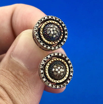 Designer AJ Sterling Silver 14K Yellow Gold Diamond Halo Cluster Stud Earrings