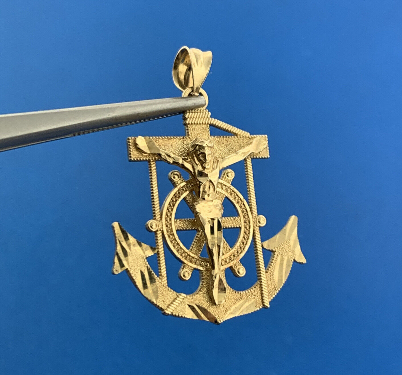 Designer 10K Yellow Gold Mariners Cross Crucifix Anchor Statement Pendant