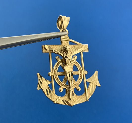 Designer 10K Yellow Gold Mariners Cross Crucifix Anchor Statement Pendant