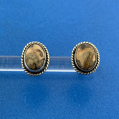 925 Sterling Silver Brown Pink Green Unakite Gemstone Oval Stud Earrings