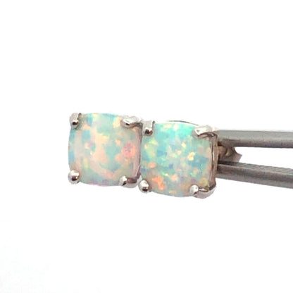 10K White Gold Square Opal Cabochon Healing Stud Earrings