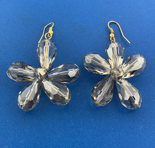 Vintage Artisan Gold Tone Crystal Floral Cluster Drop Dangle Statement Earrings