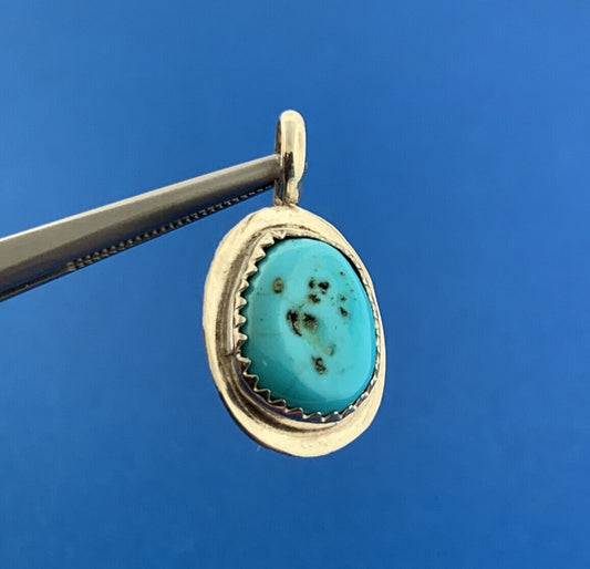 Native American Signed 925 Sterling Silver Oval Turquoise Cabochon Pendant