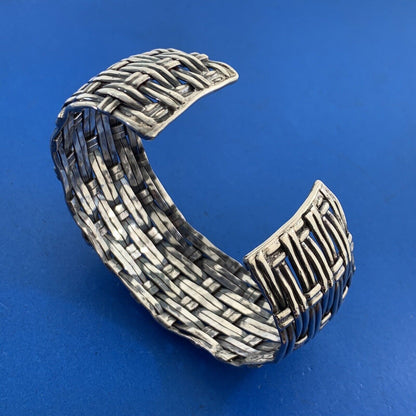 Artisan 925 Sterling Silver Basket Weave Statement Open Cuff Bracelet