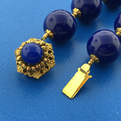 Mid Century Miriam Haskell Cobalt Blue Lucite Beads Gold Tone Statement Necklace