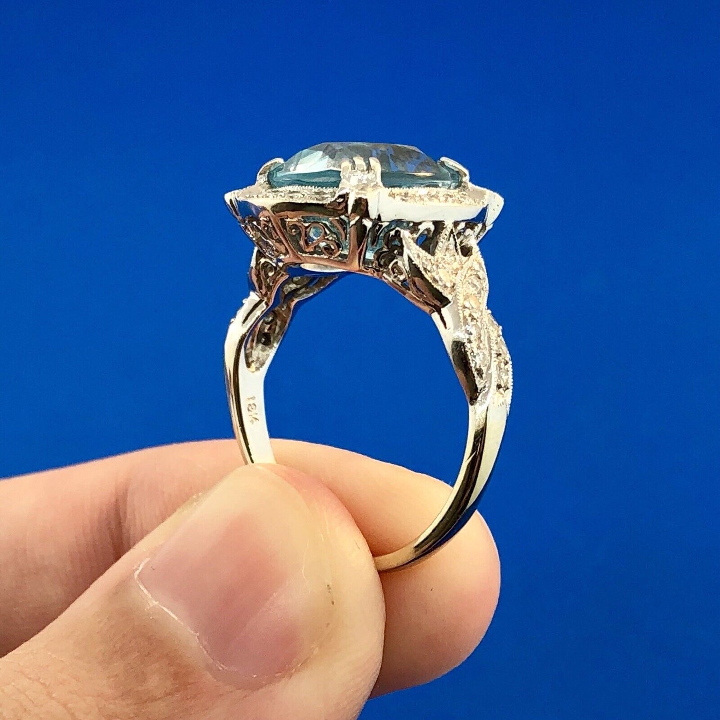 Lovely 18K White Gold Swiss Blue Topaz Diamond Halo December Statement Ring